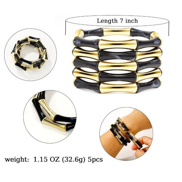 Gold and Black Bamboo-Inspired Stackable Bracelets - Picture 3 of 6